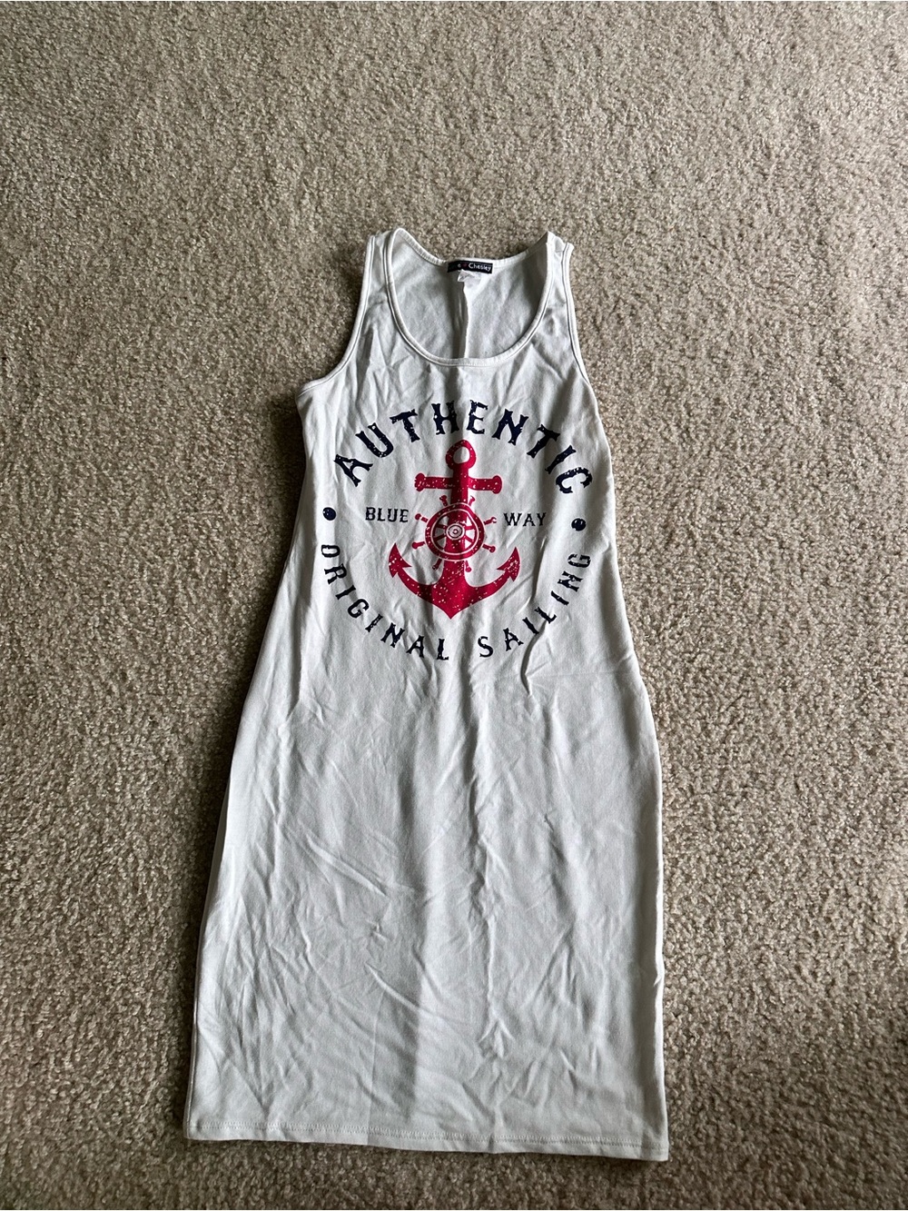 White Nautical Graphic Tank Dress with Red Anchor